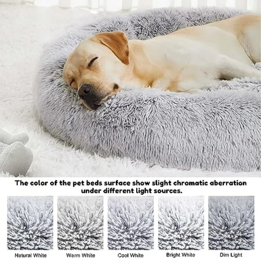 Calming anti-anxiety donut dog cuddler bed for small medium dogs and cats faux fur plush beige ultra-soft warming cozy round cu