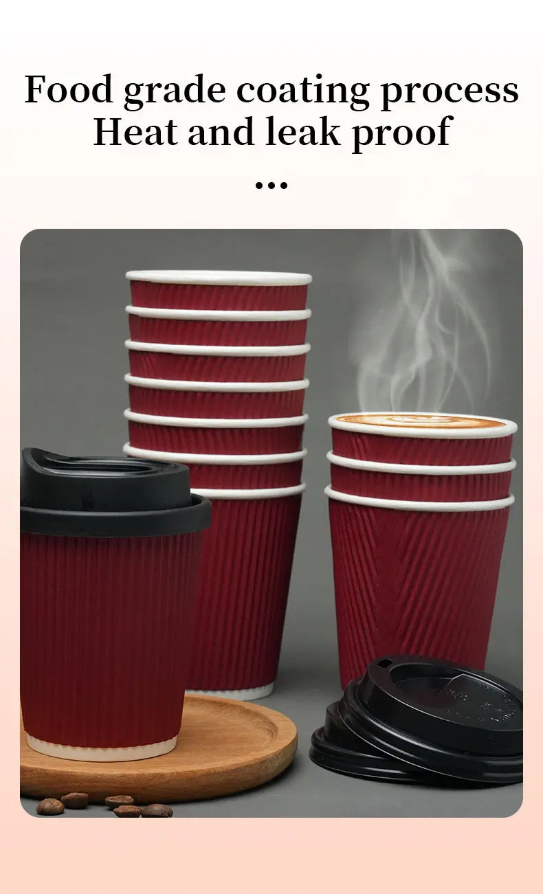 30pcs 8oz  Double-Walled Insulated Corrugated Cardboard Coffee Cups Thickened Disposable Striped Portable Paper Cups With Lids