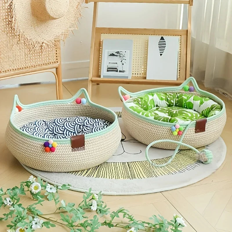 Round hand-woven rattan cat bed by I YAN, featuring cotton rope sides and a cozy summer cooling design for kittens and cats.