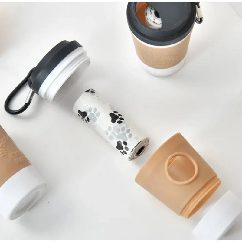 Portable I YAN pet poop trash can dispenser with coffee cup design, outdoor dog waste storage box for walking and cleanup.