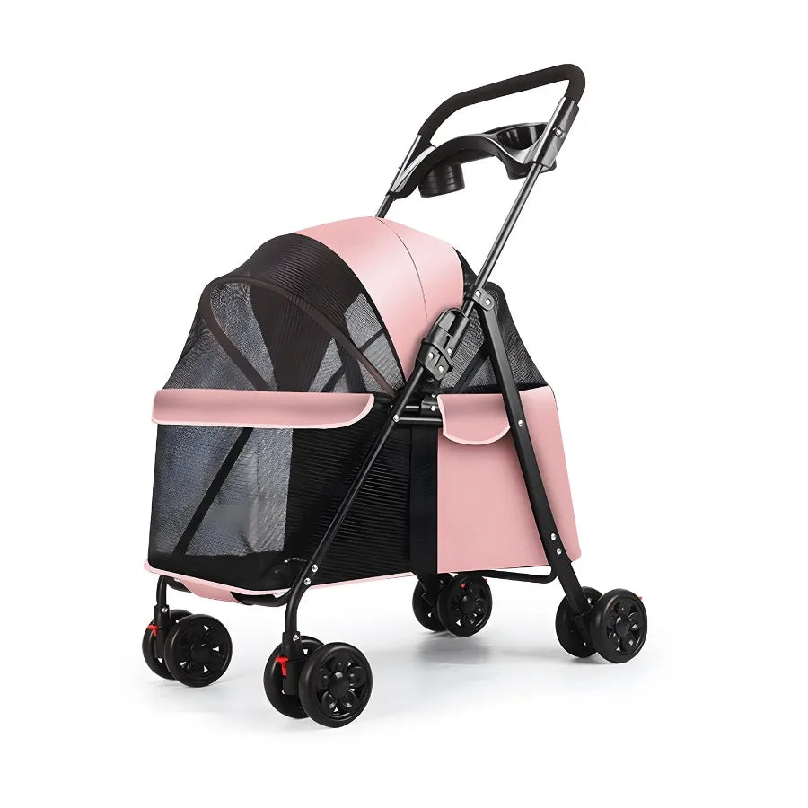 4 Wheels Dog Cat Stroller, Outdoor Travel Pet Folding Stroller, Dog Cat Cage Stroller with Cup Holder, Visible Window for Mediu