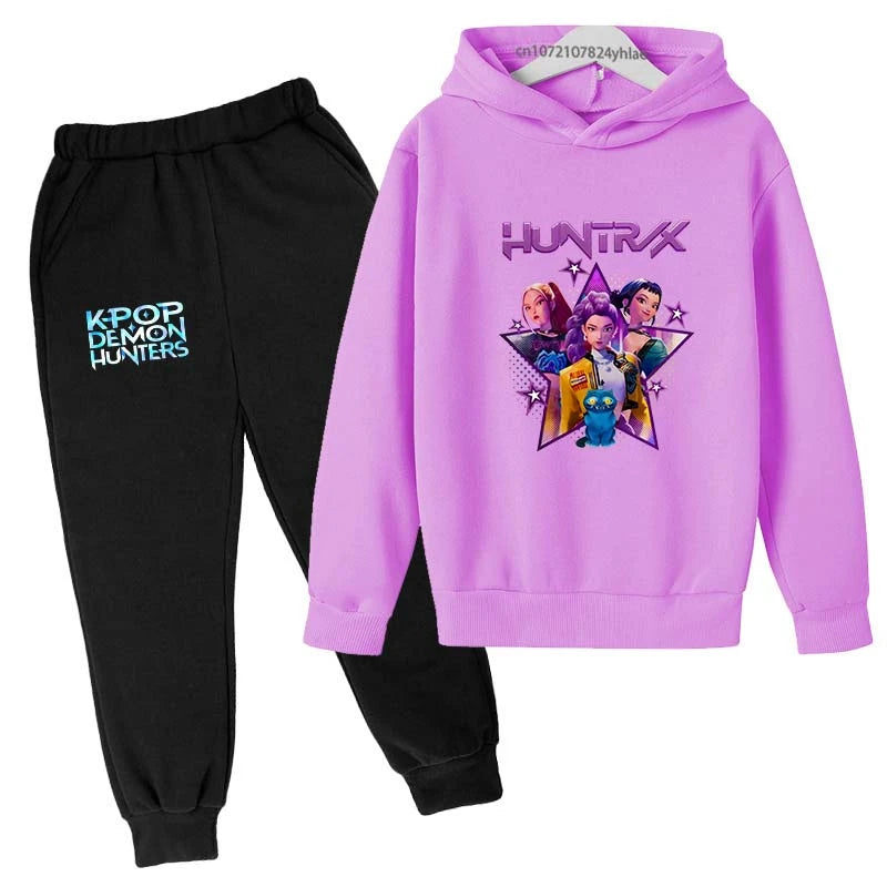 Kpop Demon Hunters Kids Cartoon Print Hoodie And Pants Set 2pcs Tracksuit Casual  Clothing for Boys And Girls 2-13 Years