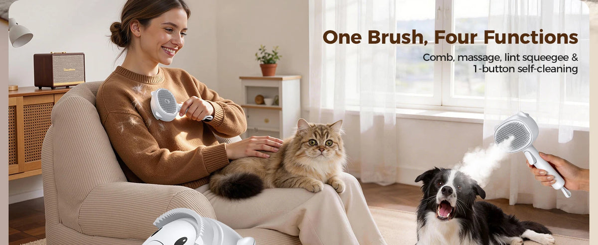 I YAN self-cleaning shedding steam cat and dog brush with silicone scraper, USB rechargeable, white grooming tool for pets' fur.
