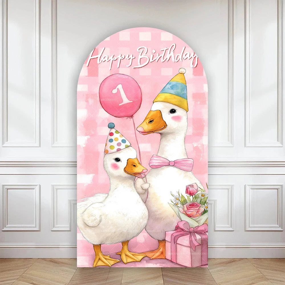 Cartoon big white goose bow arch background customizable baby one-year-old babyshower decorativebackground double-sided printing