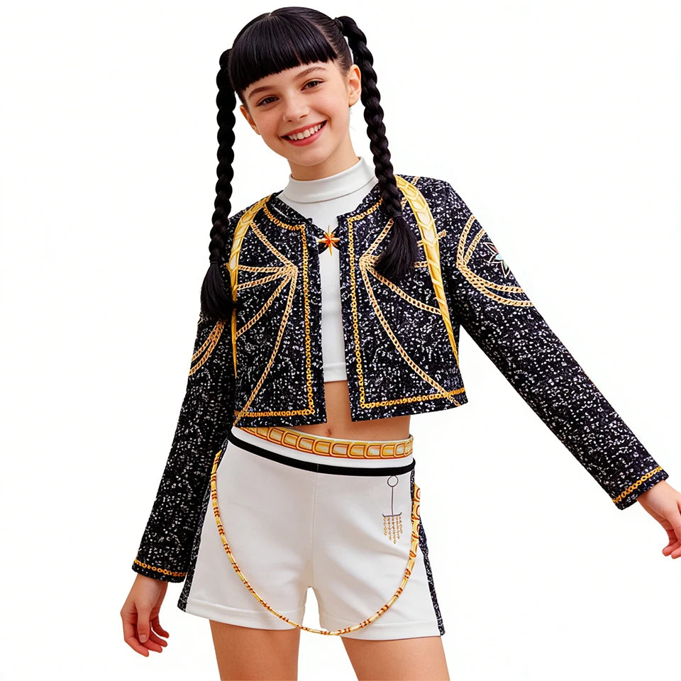 Kids K-Pop girls cosplay costume sets featuring Rummi and Zoe characters by I YAN, colorful and fun outfits for children ages 2 to 12.