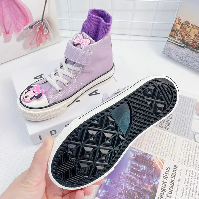 Disney Girls' Canvas Casual Shoes Soft Sole High Top Cartoon Mickey Mouse Minnie Purple White Breathable Shoes Flats Size 24-37