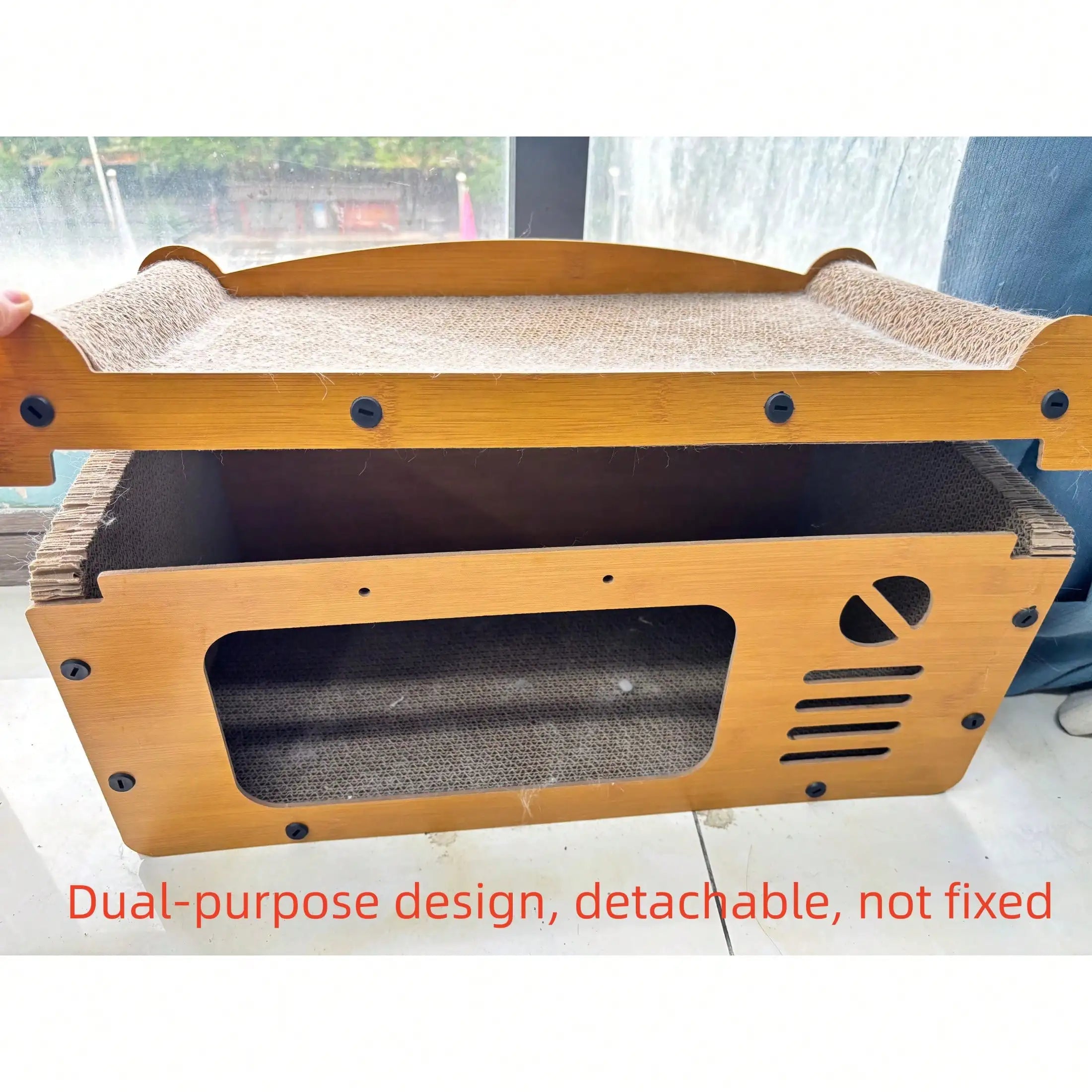 2 In 1 Double Layer Cardboard Cat Scratcher Lounge Bed Bubble Fish Star Moon Double Cat Head Pattern Detachable Upper Platform Cat Hideaway With 2 Hanging Pom Pom Balls For Multi Cat Households