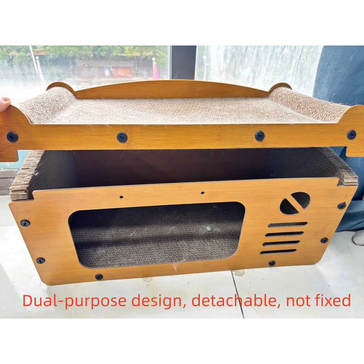 Double layer cardboard cat scratcher lounge with pom pom toys, I YAN 2-in-1 hideaway and play area for cats.