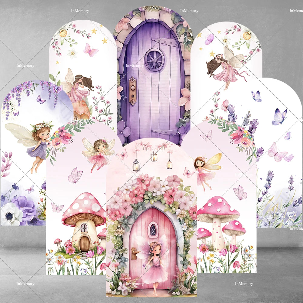 Fairy Girl 1st Birthday Party Arch Backdrop Spring Garden Pink Purple Butterfly Floral Mushroom Door Baby Shower Backgrounds