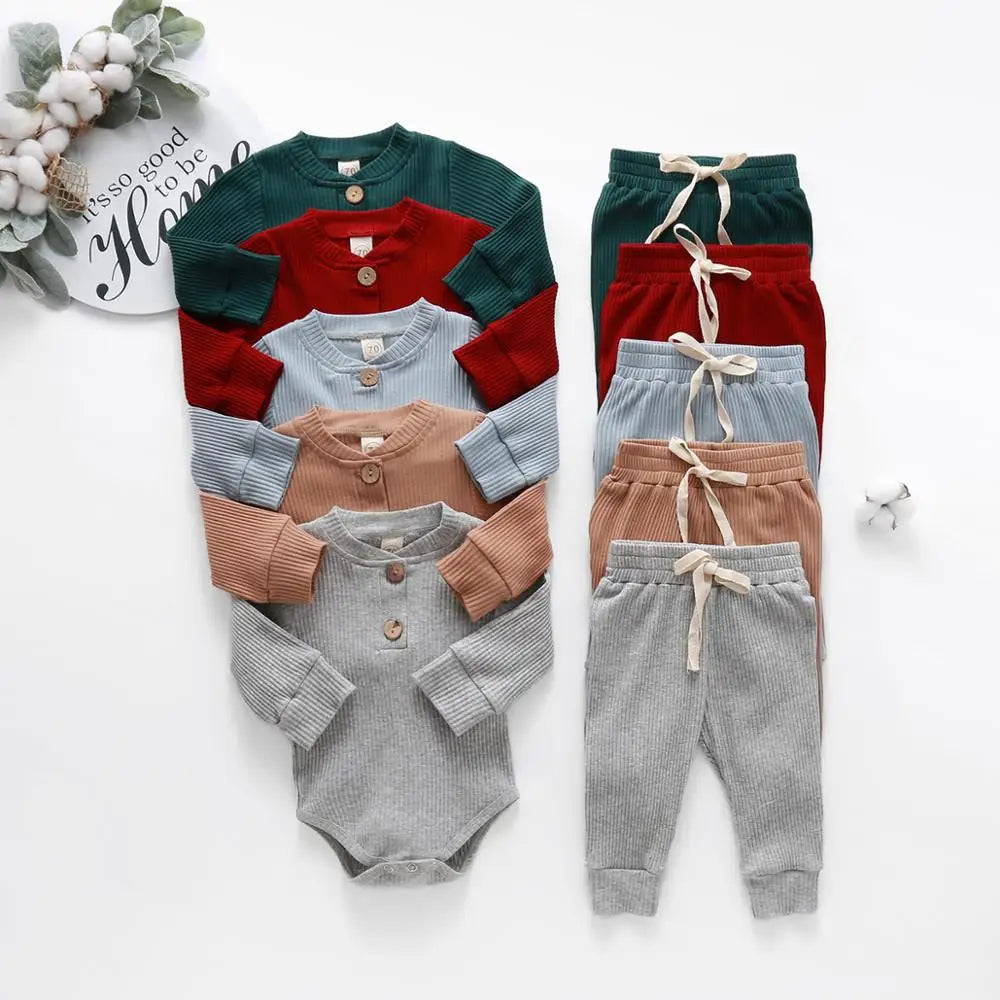 Baby girl and boy spring autumn ribbed and plaid long-sleeve bodysuits with elastic pants, I YAN 2-piece outfit for infants.