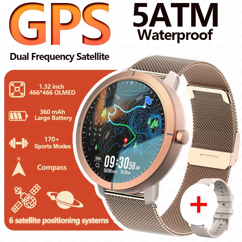 New GPS Positioning Smart Watch 1.32AMOLED 5ATM Waterproof Women Men Health Bluetooth Call 360mAh Compass 170+Sports Mode SmartWatch