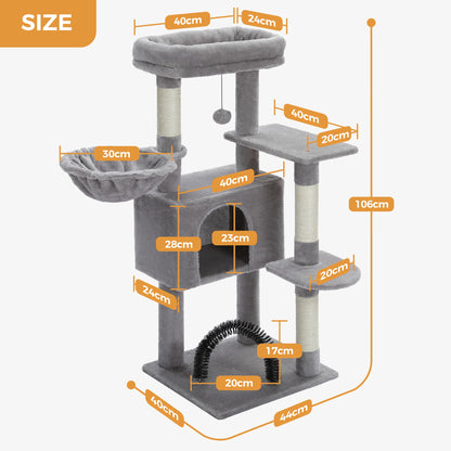 Large I YAN multi-level cat tree tower with sisal scratching posts, soft top perch, and cozy condo for indoor cats.