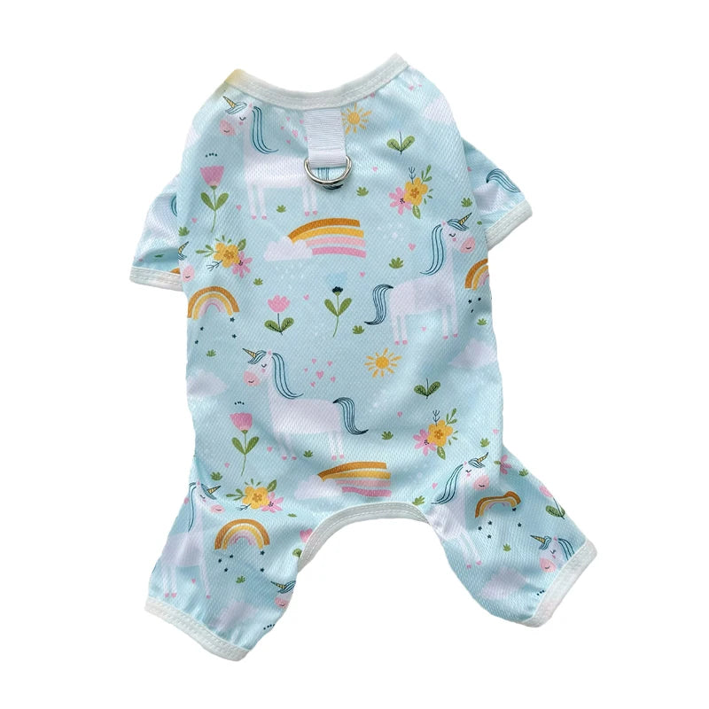 Pet Summer Clothes Frog Bear Unicorn Print Dog Jumpsuit Thin Breathable Mesh 4-Leg Pajamas Onesie Sun Protection Outfit
