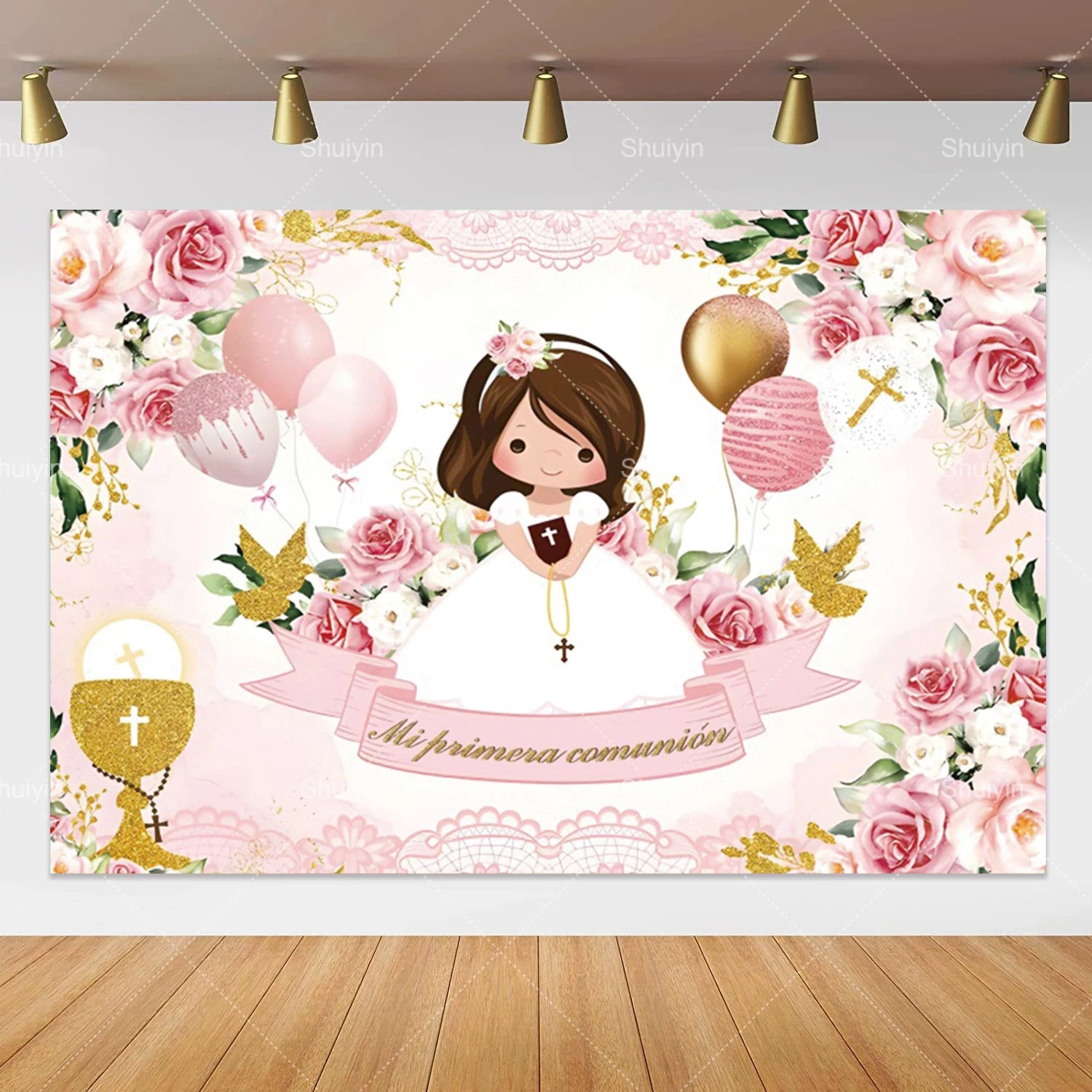 Boy Girl First Communion Backdrop Gold Cross Grail God Bless Baptism Party Decor Background Christening Baby Shower Photo Props