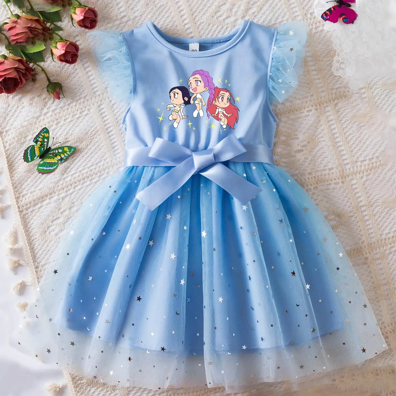 K-Pop Hunters Zoey Rumi Girls Sequin Tutu Dress with Bow Flutter Sleeves Summer Princess Party Outfit for Toddler Kids 2-6 Years