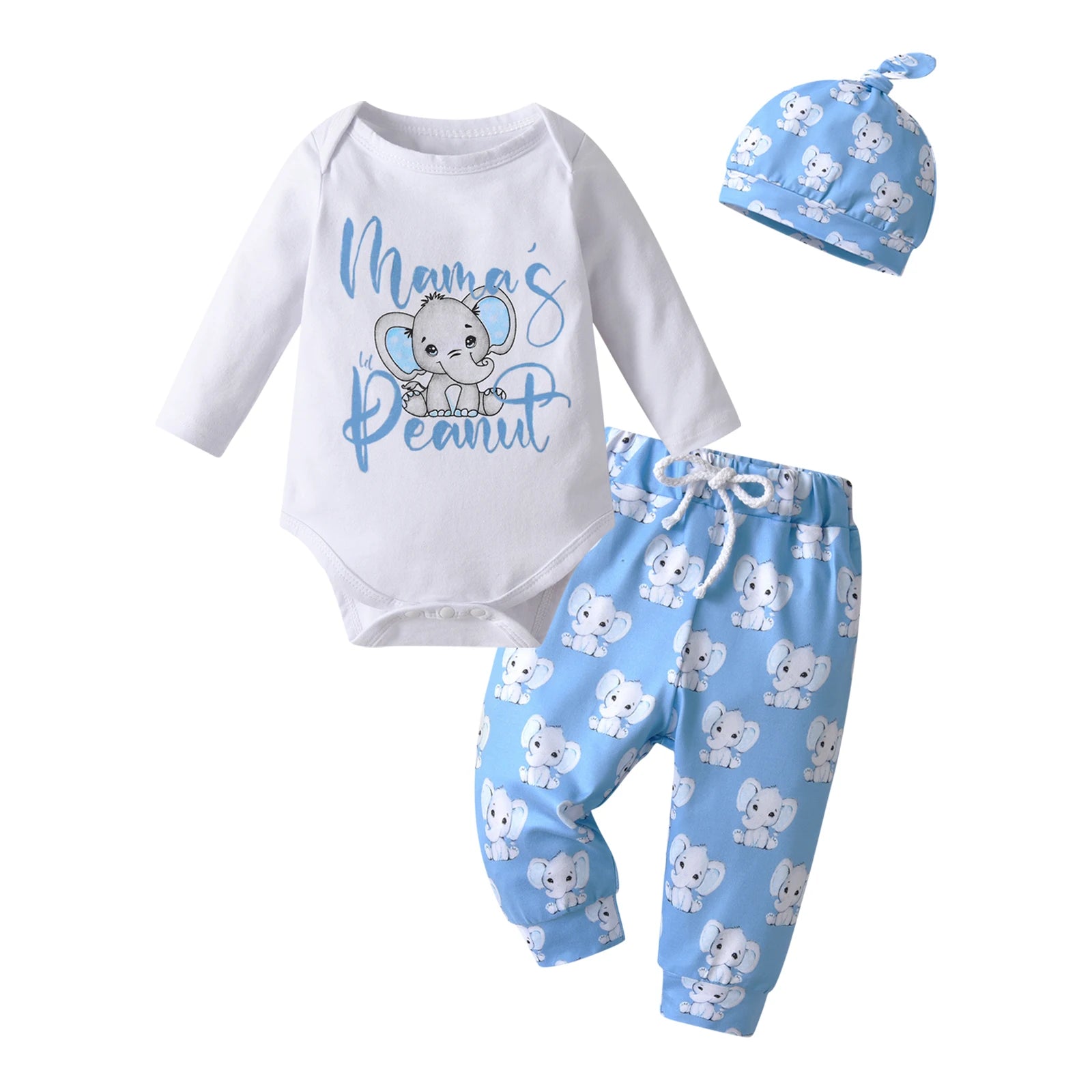 Newborn baby boy clothes set with long sleeve elephant print romper, pants, and hat by I YAN, featuring a cute cartoon elephant design.