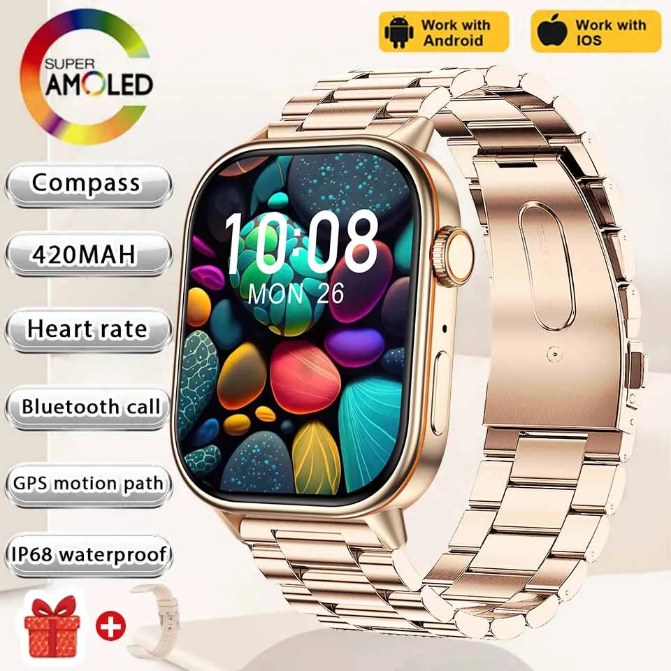 2025 New 2.01'' AMOLED HD Screen Music Smart watch Women Fashion Built-in 6 Stars GPS Position Waterproof Tracker Call Bracelets