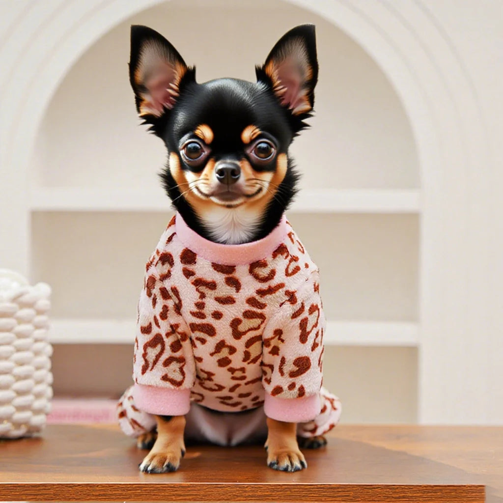 Leopard Dinosaur Dog Pajamas – Warm Fleece Jumpsuit for Small Dogs