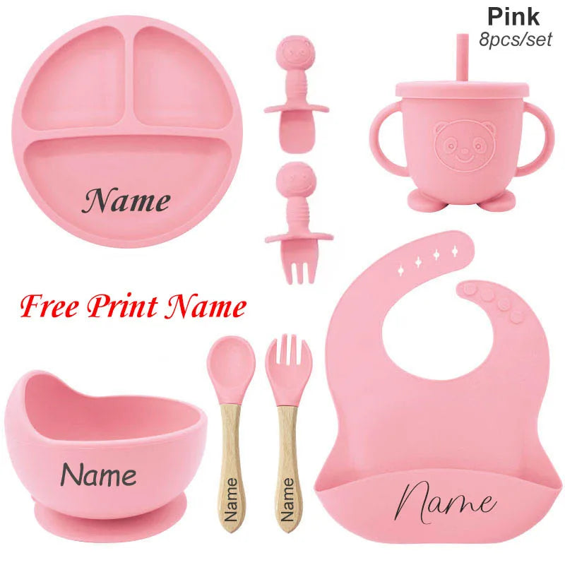 Personalized Baby Feeding Set 8-Piece – Silicone Plate Bowl Cup & Bib with Free Name Print - I YAN