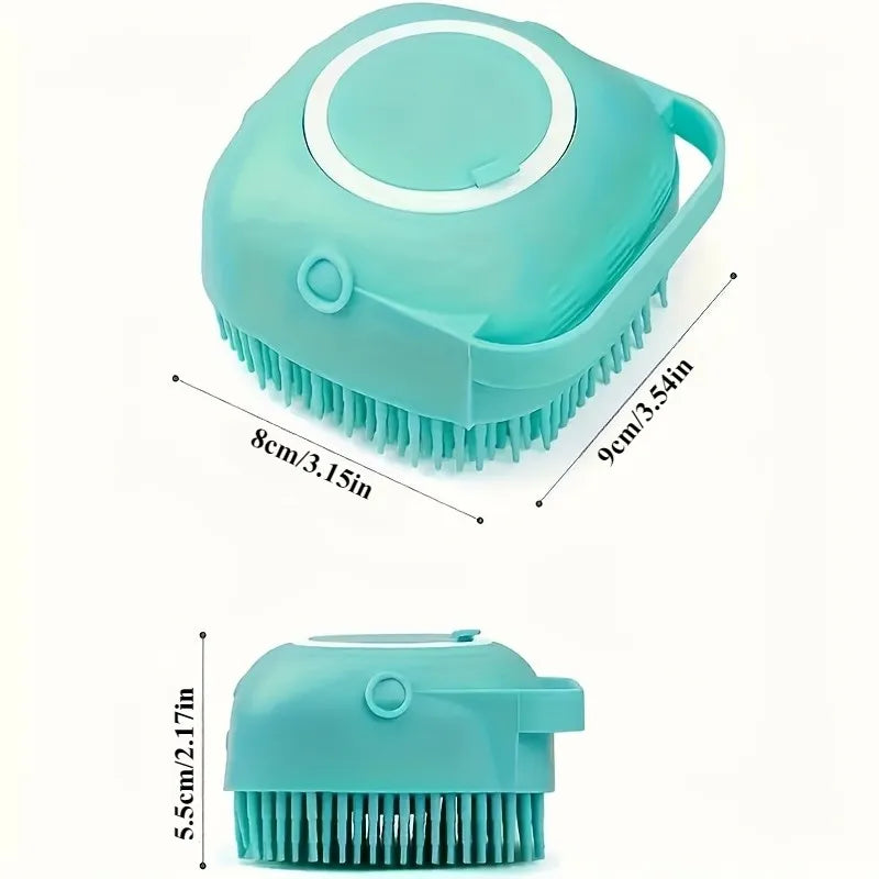 Pet bath massage brush with shampoo dispenser by I YAN, a 2-in-1 grooming tool for dogs and cats, shown in use.
