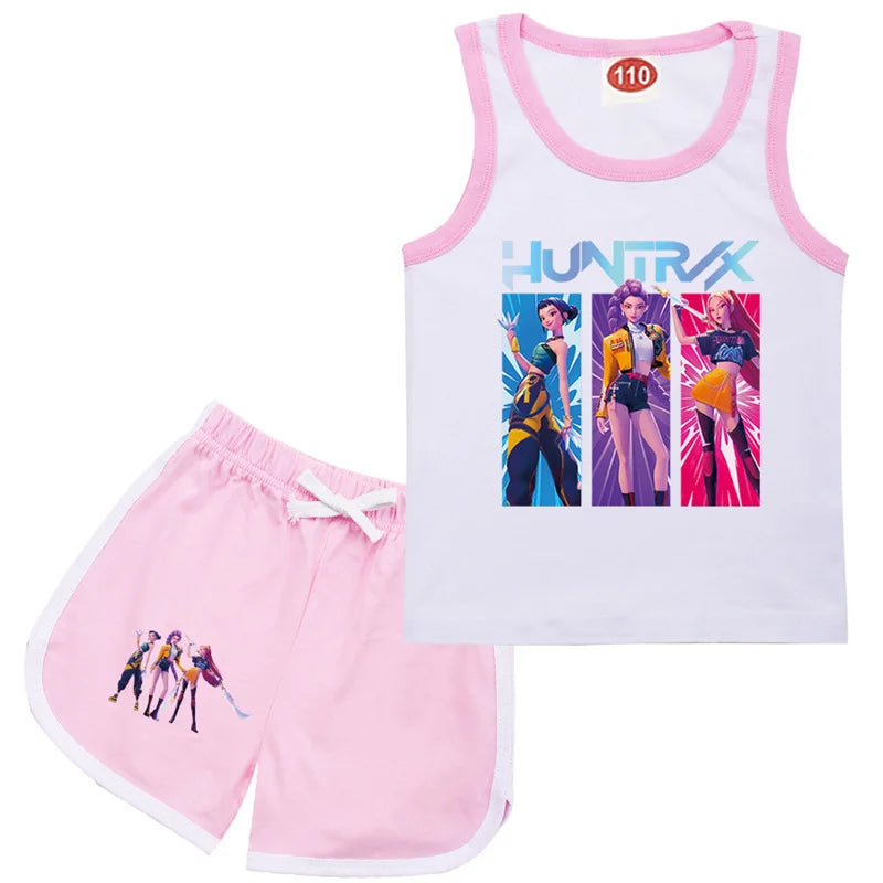 KPop Demon Hunters Rumi Teens Clothes Summer T shirt Baby Girls Sleeveless Vest Top Shorts 2pcs Set Children Clothing 1-13 Years