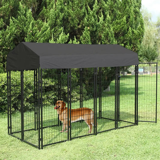 Large I YAN dog kennel with welded wire cage, waterproof cover, metal roof, UV protection, ideal for outdoor heavy-duty pet containment