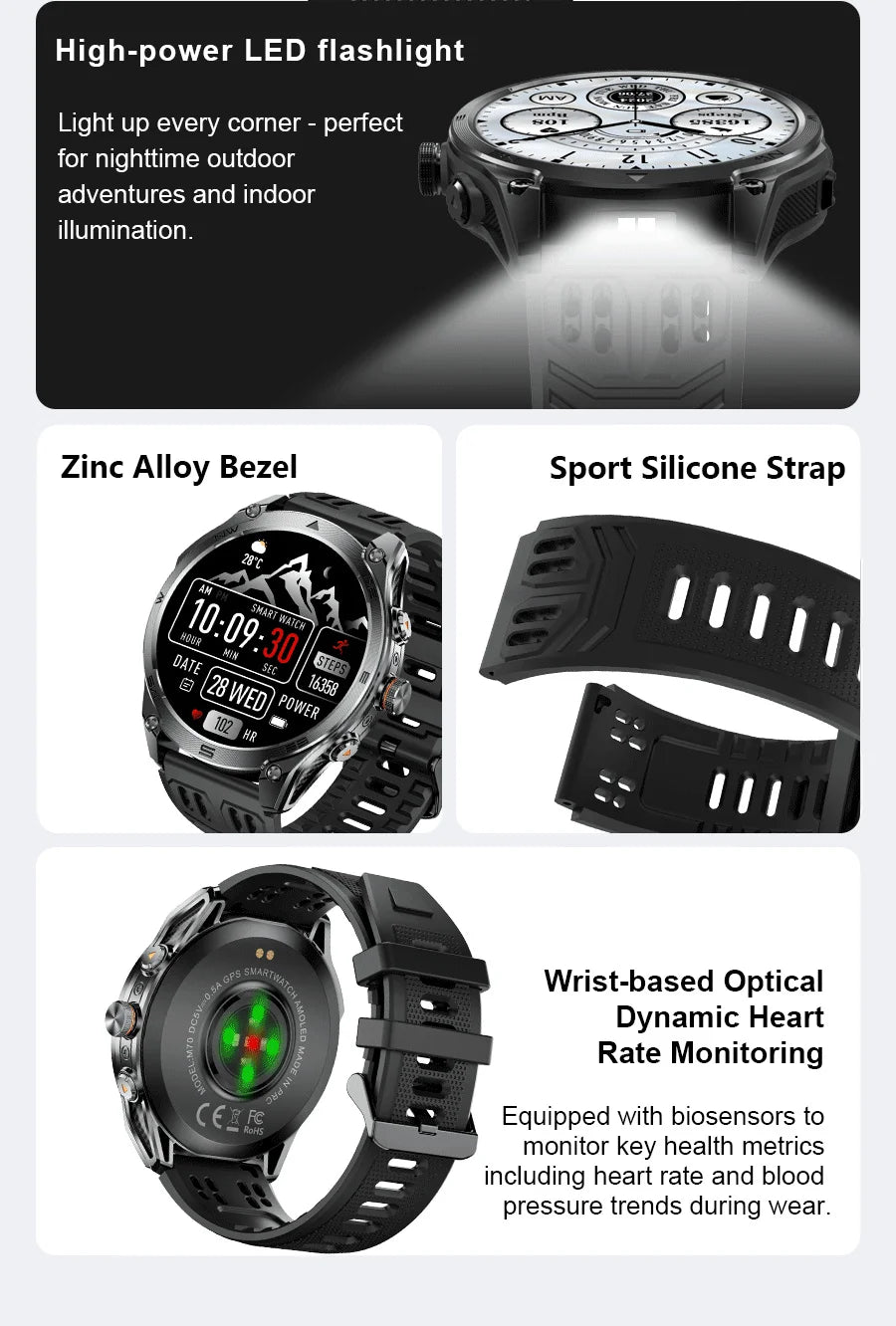 2026 New Military Smart Watch 1000Mah Battery GPS trace Compass 10ATM Waterproof Tactics Sport Flashlight call Smart Watch Men