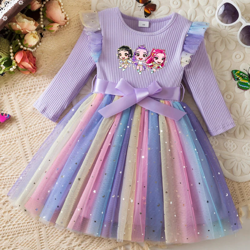 K-Pop Hunters Rainbow Princess Dress for Girls Sequin Birthday Party Mesh Dress for Baby Casual Long Sleeve Girls Dresses 1-5Y