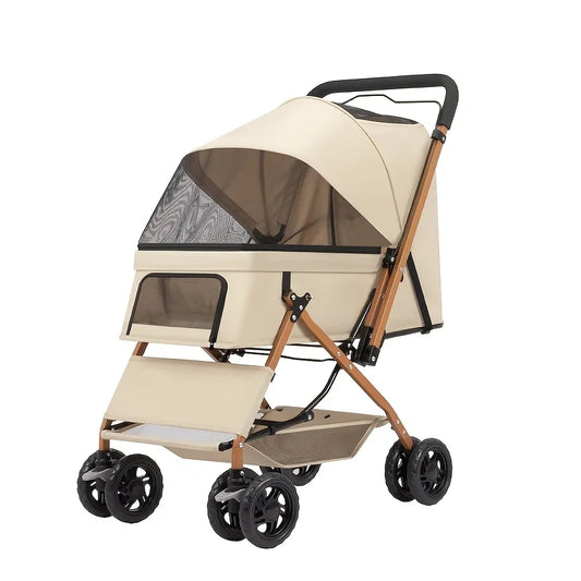 I YAN premium pet stroller for small to medium dogs and cats, featuring large space and four-wheel stability for portable travel.