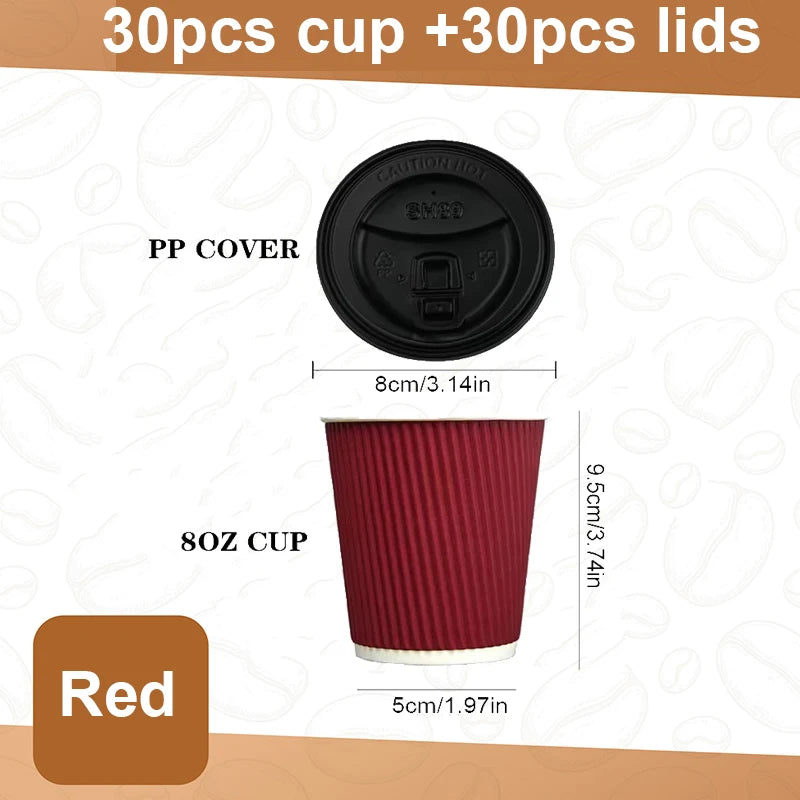 30pcs 8oz  Double-Walled Insulated Corrugated Cardboard Coffee Cups Thickened Disposable Striped Portable Paper Cups With Lids