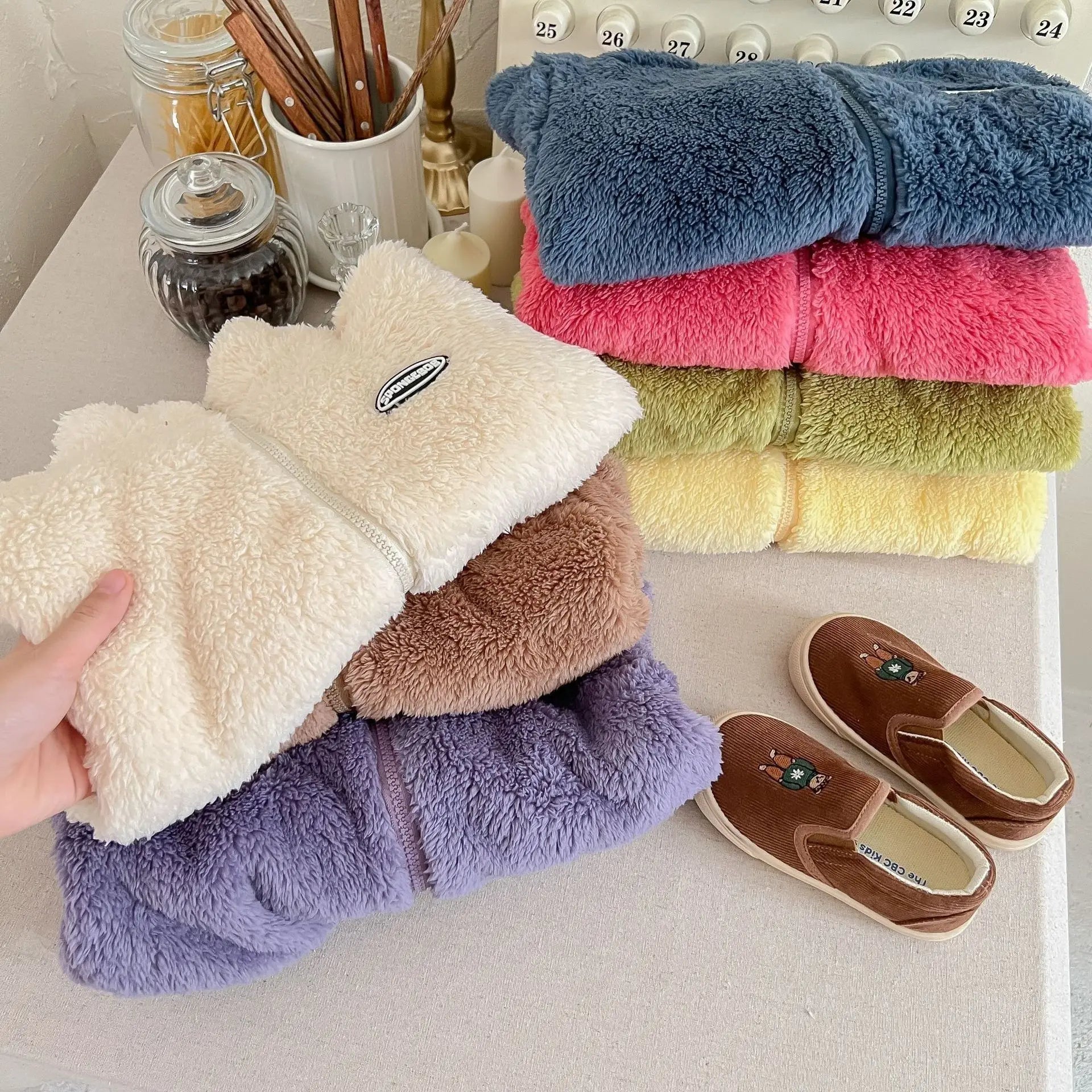 Jackets & Coats Kids Flannel Jacket Autumn Winter Boys Girl Casual Simple Coat Colorful  Lined Top Solid Color Children Clothing