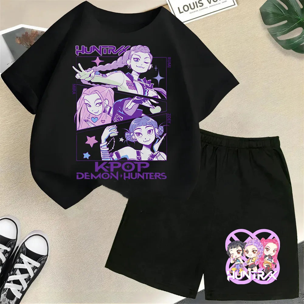 KPop Demon Hunters Saja Boys Kids T-Shirt – Cartoon Print Round Neck Casual Top (2pcs Set) - I YAN