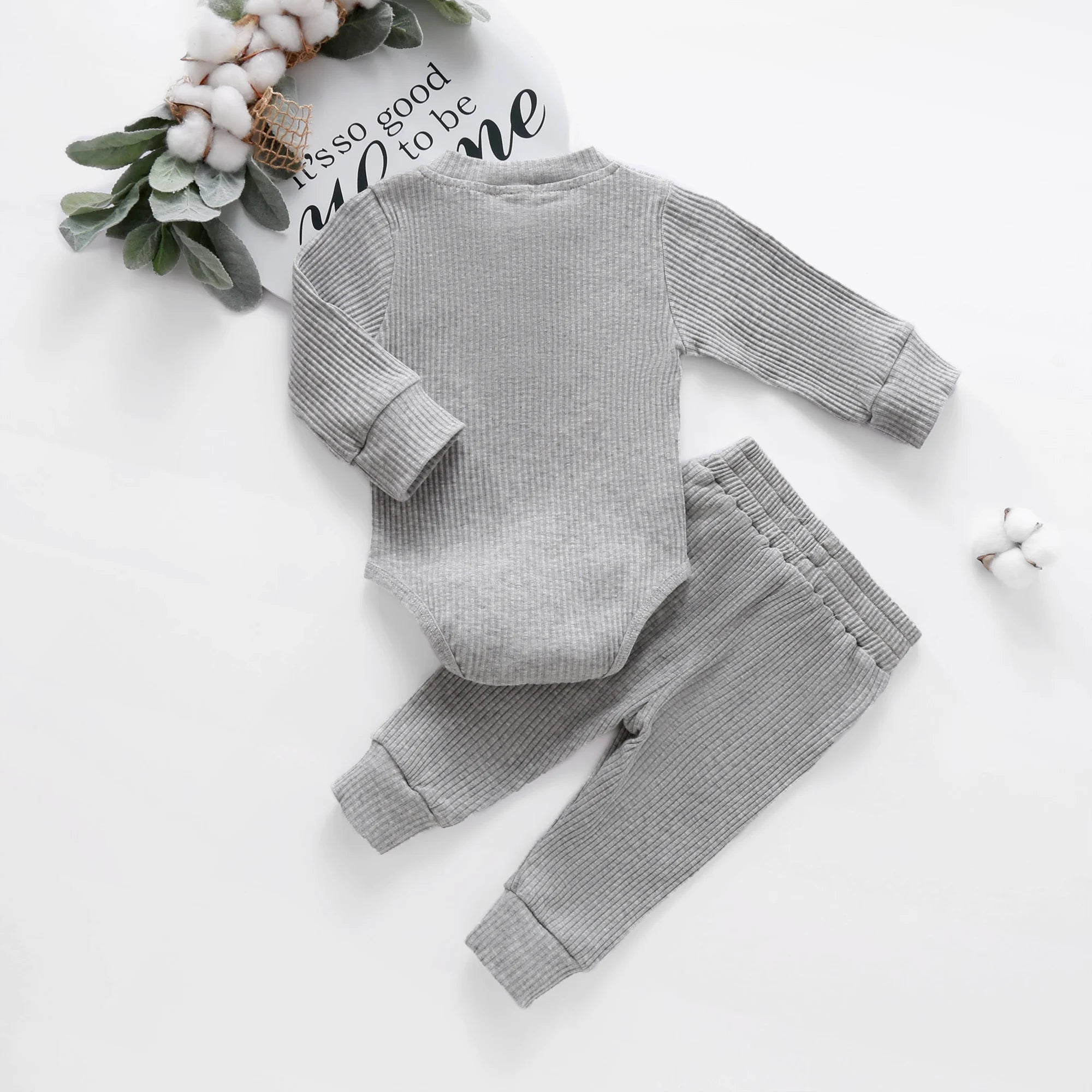 Infant baby girl and boy spring autumn ribbed plaid solid long sleeve bodysuits with elastic pants 2-piece outfit by I YAN