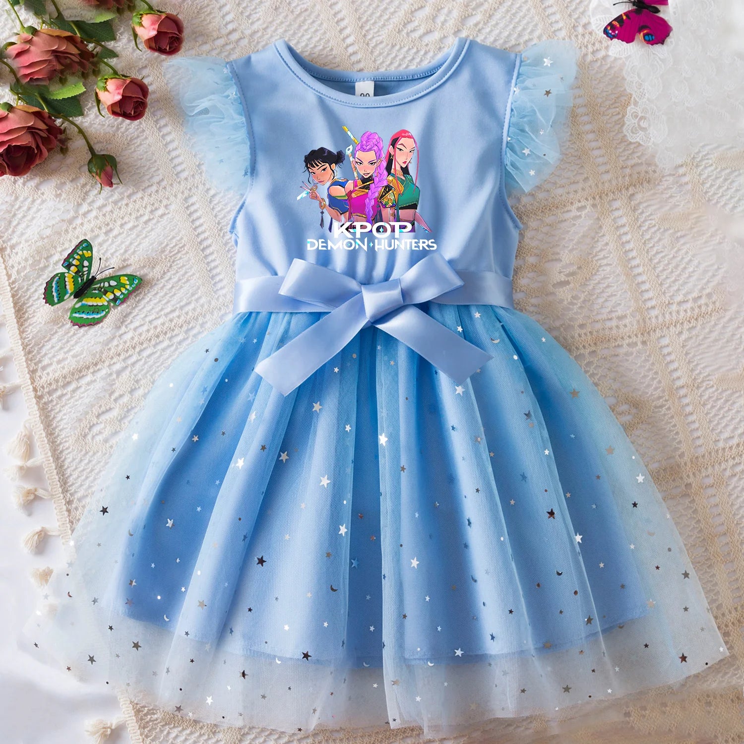 K-Pop Hunters Zoey Rumi Girls Sequin Tutu Dress with Bow Flutter Sleeves Summer Princess Party Outfit for Toddler Kids 2-6 Years