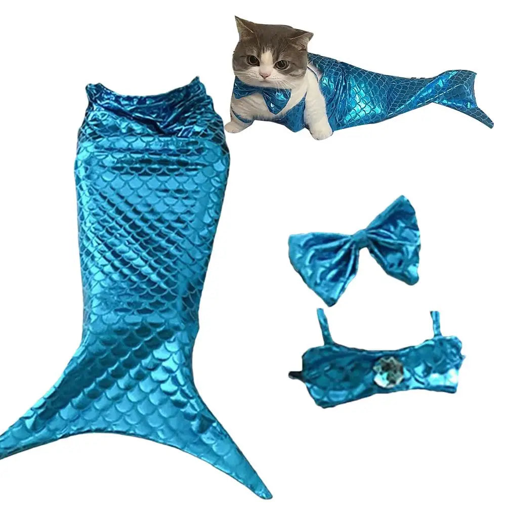 I YAN cat mermaid tail costume with shimmering sequins, soft fabric, designed for Halloween dress-up and fun pet costume.