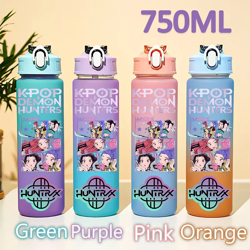 kpop 750ML Demon Hunters Bottle Gourde Gradient Color Water Cup Plastic Drinking Cup gradient straw cup gift