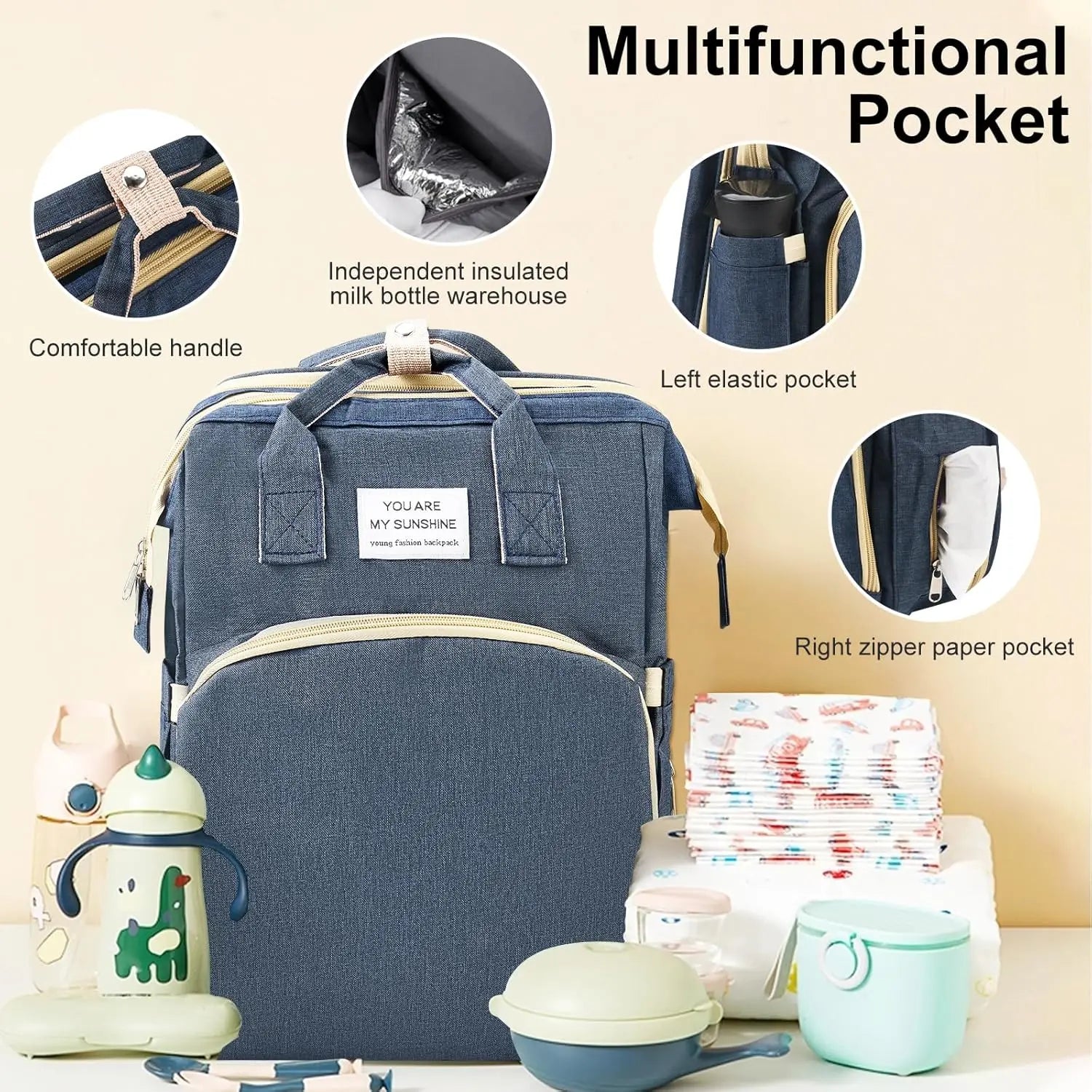 Baby Changing Nappy Bag with Changing Mat Large Capacity for Mum Waterproof Portable Backpack Foldable Bed Stroller StrapsTravel