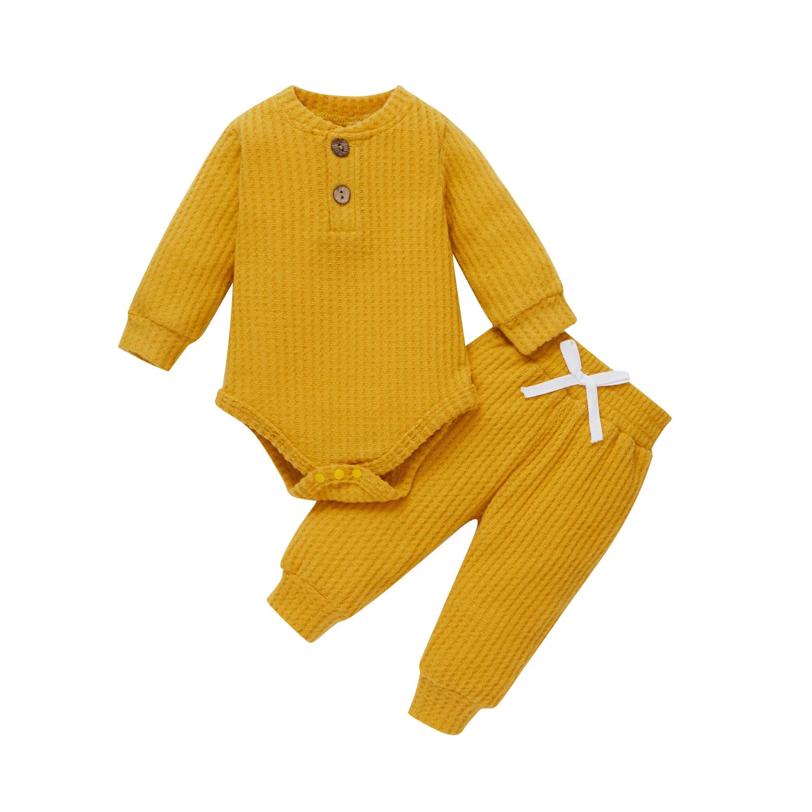 I YAN infant baby girl and boy spring autumn ribbed and plaid 2-piece long sleeve bodysuits with elastic pants set, soft and comfortable.