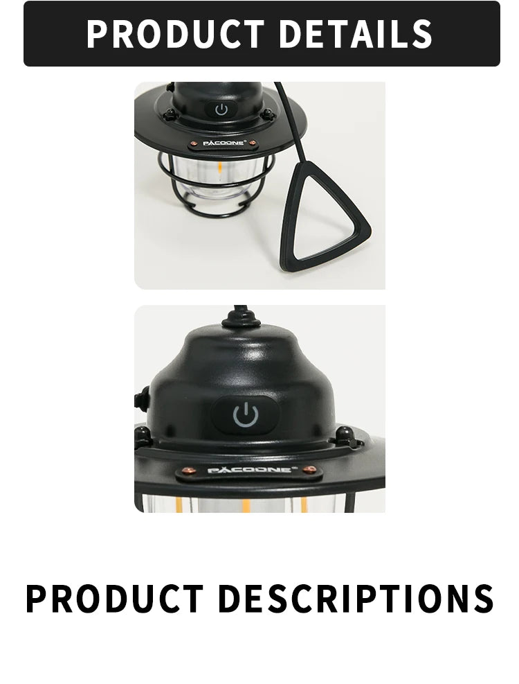 Retro Portable Camping Lantern IPX4 Waterproof Emergency Light Stepless Dimmable Hanging Tent Lamp for Outdoor Hiking