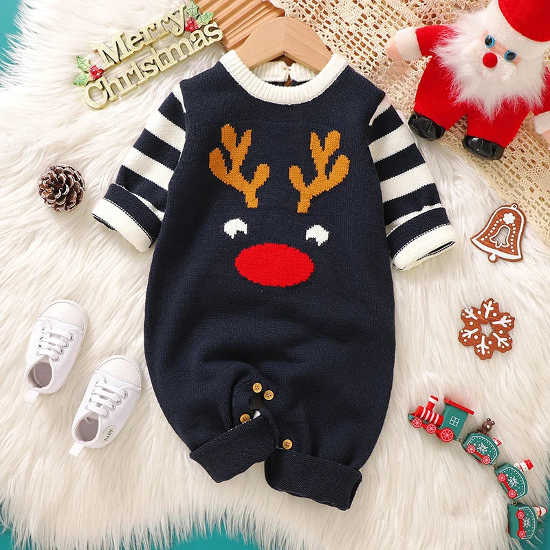 Baby Unisex Rompers Winter Christmas Reindeer Knitted Newborn Boys Girls Long Sleeve Jumpsuits One Pieces Infant Playsuits 0-18m