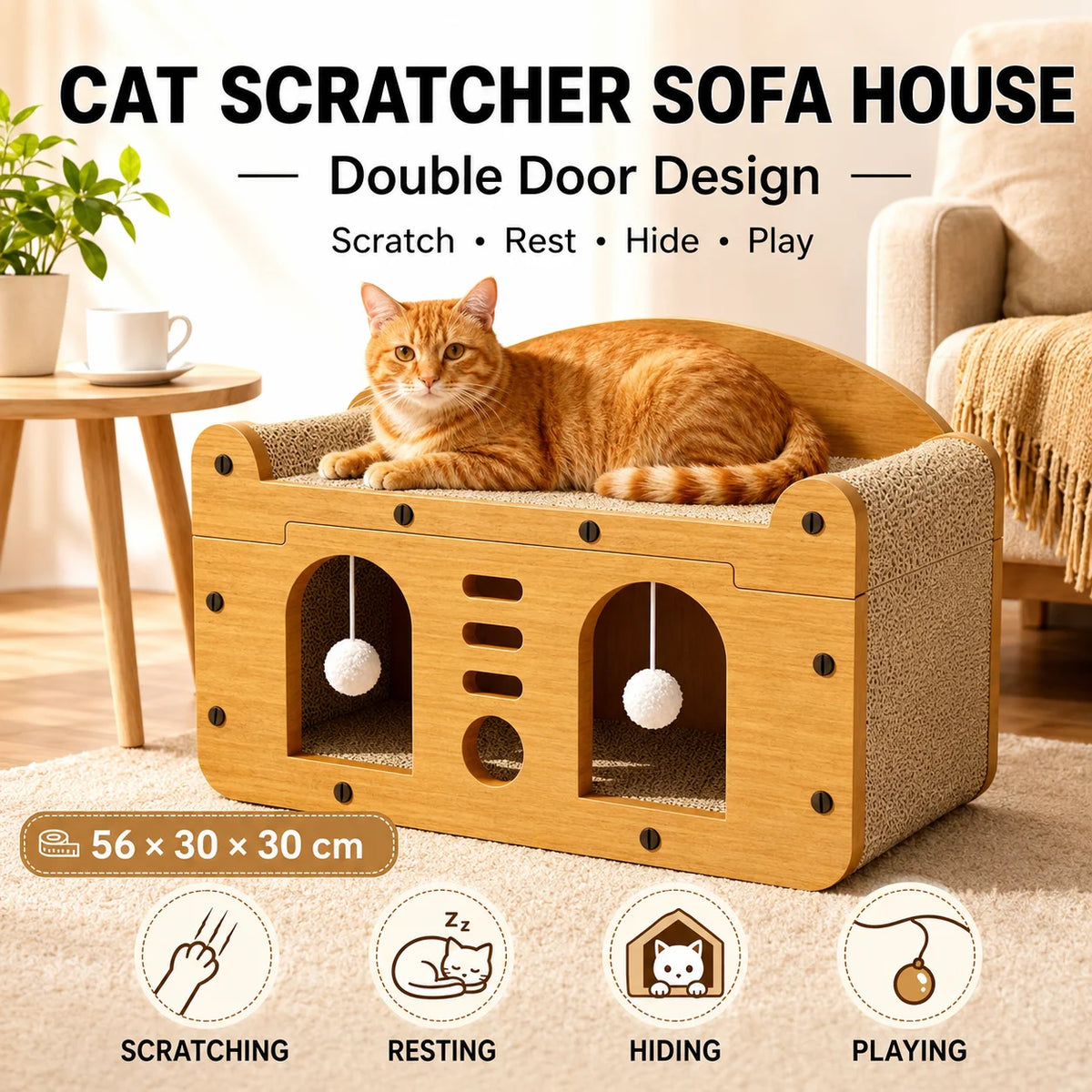 Wooden double door cat scratcher sofa house with hideout and corrugated scratching bed for indoor cats by I YAN