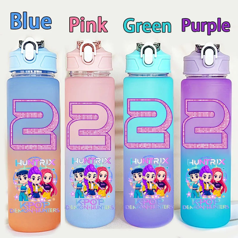 I YAN Kpop Demon Hunters 750ML water bottle for kids, featuring Warriors letter and number design, ideal for school use.