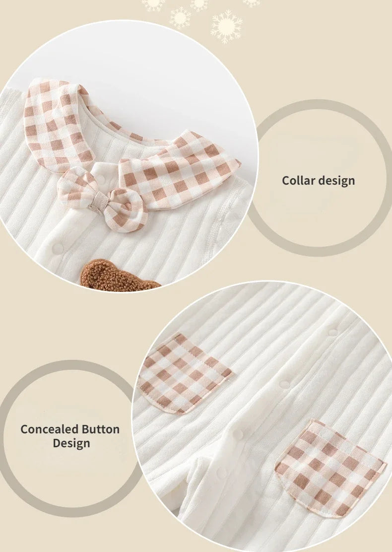 Newborn Baby Jumpsuit Clothes Winter Thickened Romper  Boys Girls Cute Embroidery Bear Bodysuit Autumn Clothing 0-1-3-6M