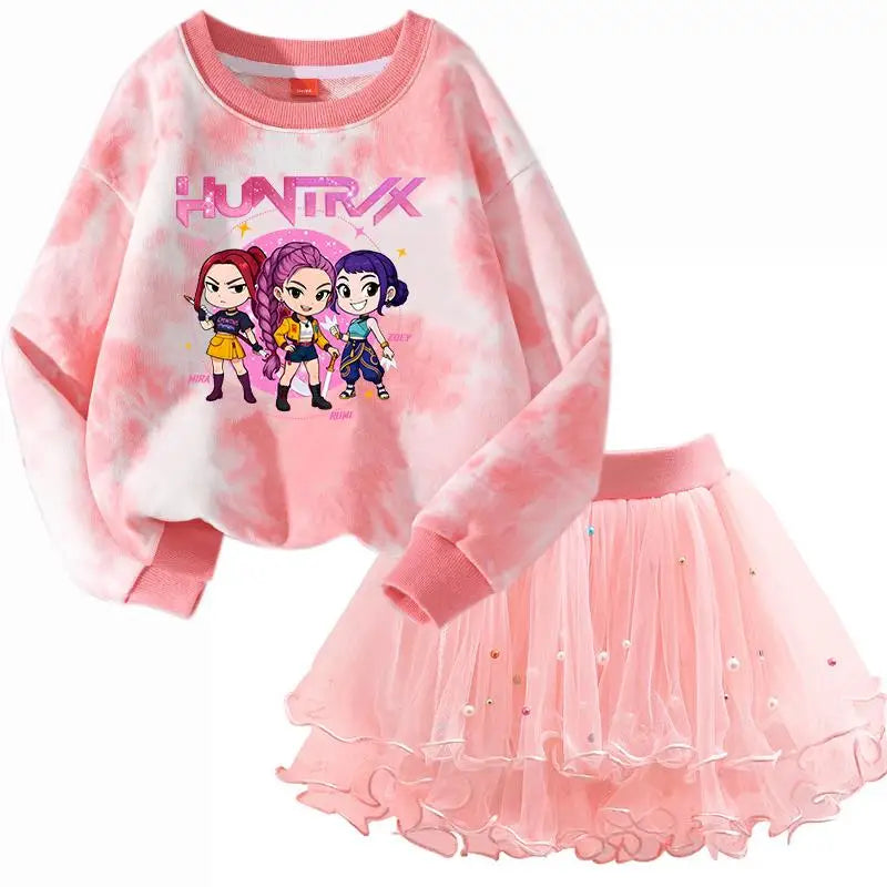 K-Pop Hunters Zoey Mira Rumi Children Sweaters Girls Tie-dye Sweatshirt Pink Pullovers Kids Tops Tulle Princess Dresses Suit