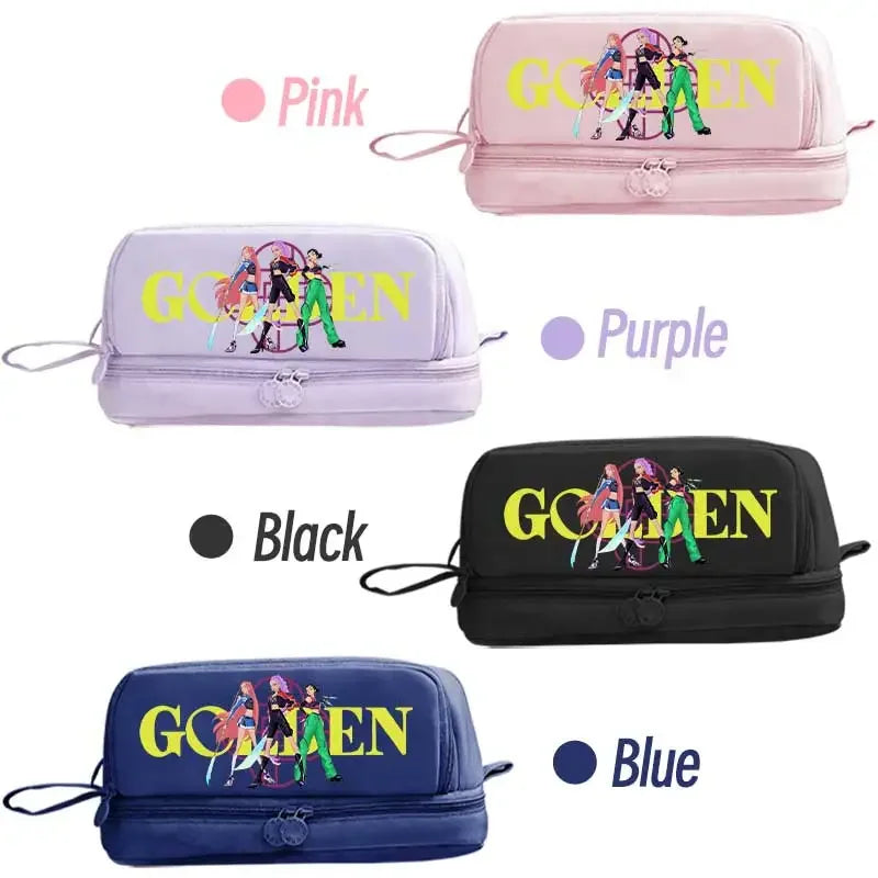 I YAN Kpop Demon Hunters pencil case with double-layer anime design, featuring vibrant characters and stationery storage.