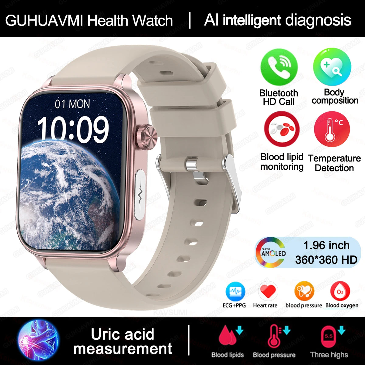 ECG+PPG Monitoring Smart Watch Women Blood pressure Blood Lipid Uric Acid Women Menstrual Health Tracker Smartwatches