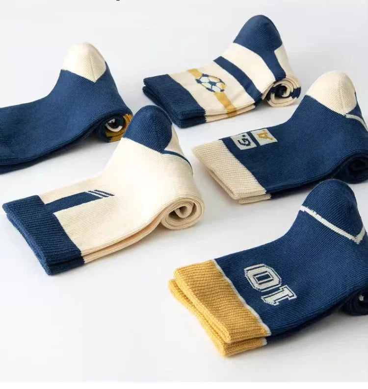 5 Pairs Children's' Socks Spring Autumn Cotton Socks Kids Striped Football Pattern Sock 1-14T Boys Mid-calf Length