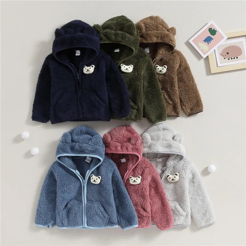 0-24months Unisex Baby Fuzzy Coat 3d Bear Hooded Jacket For Infant Girl And Boy Zipper  Spring Autumn Closure Fleece Outerwear