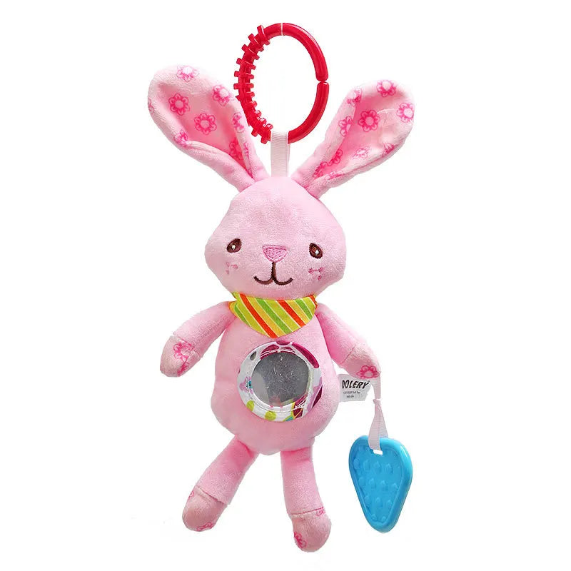 Soft plush giraffe and zebra handbells and rattles, infant baby toys with teethers for newborn development and sensory play.