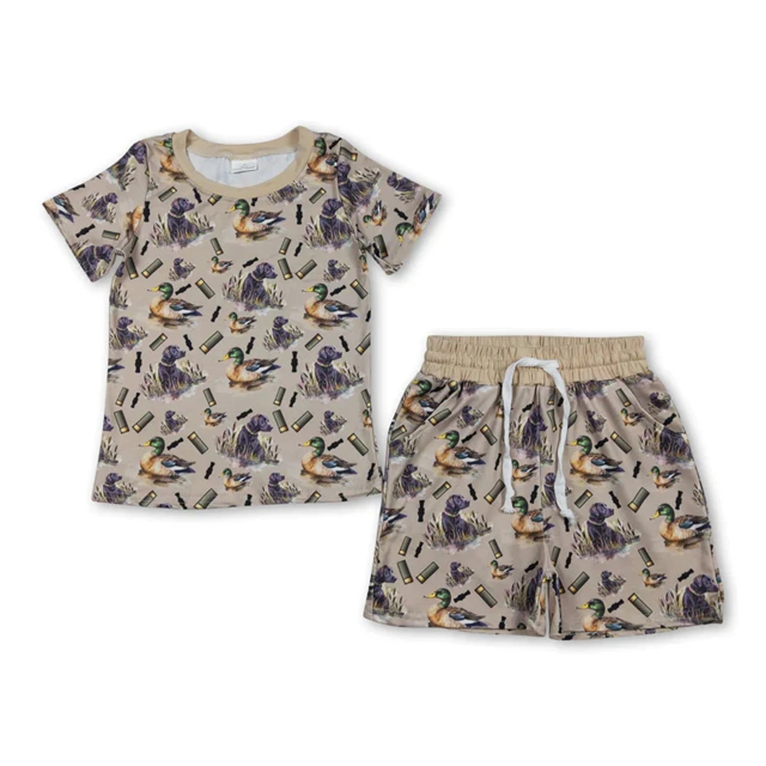 Toddler boy summer outfit set with printed short sleeve T-shirt and elastic waist shorts by I YAN, suitable for warm weather.